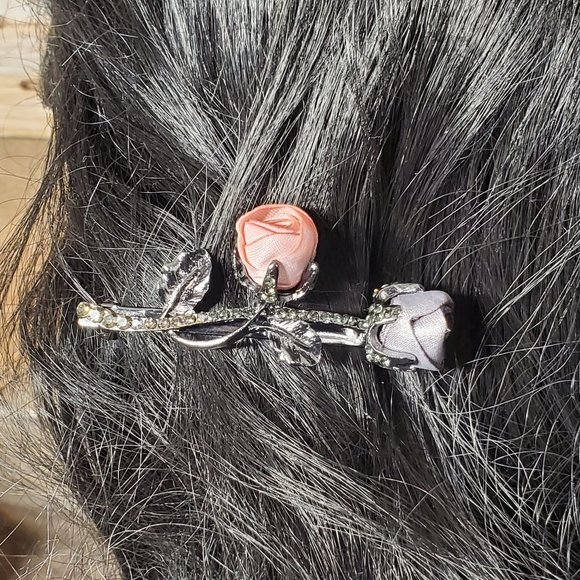 Gray & Peach Silk Roses Petite  Hair Barrett - Hair Clip - Picture 1 of 7